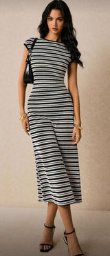 Poéselle Women's Casual Striped Round Neck Cap Sleeve Dress, Summer Photo 0