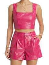 7 For All Mankind Hot Pink Vegan Leather Crocodile Crop Top Shorts Set M NEW Tag Photo 0