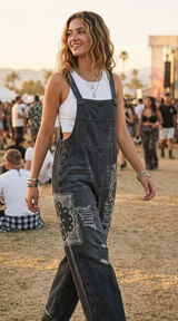 EASEL Lg Washed Black Denim Overalls Paisley Bandana Distressed Wide Leg Photo 0