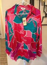 Entro Women Pink Teal Abstract Floral Satin Button Down Blouse Long Sleeve Small Photo 0