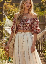 Free People Sunday Floral Linen Blend Puff Sleeve Crop Top Women's Size‎ S Boho Photo 0