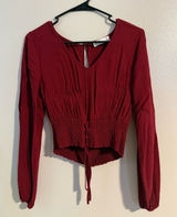 Hollister Burgundy Long-Sleeve Smocked Waist V-Neck Top Photo 0
