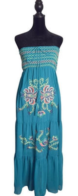 Flying Tomato BOHO Embroidered Floral Smocked Strapless Tiered Maxi Dress Womens S Teal Beach Photo 0