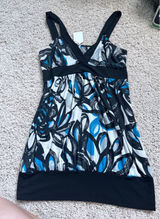 vintage y2k Halter Neck Top Abstract Floral Print blue Black White Cross Backer Photo 0
