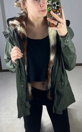 : Olive Green Faux Fur Canvas Coat Photo 0