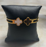 Gold stainless steel Clover Cuff Bracelet with Black and White Inlays Photo 0