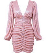 Pink Lily Holiday Vibes Sequin Ruched V Neck Long Sleeve Mini Dress Size S Photo 0