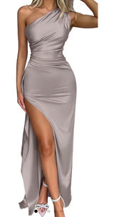 NWT OYS Size Medium Shallow Apricot Tan One Shoulder Satin Ruched Bodycon Maxi Photo 0