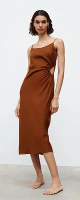Zara Cut-Out Linen Blend‎ Midi Dress Rust Brown Women's XS EUC Photo 0