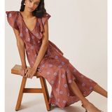 Anthropologie Ruffle Sleeve Printed Wrap Maxi Dress brown cornflower S Photo 0