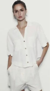 ZARA White Linen Blend Crop Button Up Shirt Boxy Minimalist Bohemian SZ L #1675 Photo 0
