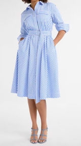 Free Assembly Blue White Striped Cotton Midi Shirt Dress D-Ring Belt L 12-14 Photo 0