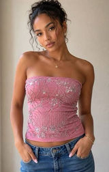 FOREVER 21 BEADED Sequin CLUB PARTY pink SEXY STRAPLESS TUBE TOP size medium Photo 0