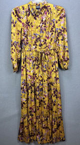 Tiered Satin Maxi Dress S Yellow Floral Puff Sleeve Cottagecore Romantic Whimsy Photo 0