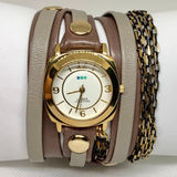 La Mer Collections Double Wrap leather band Gold Tone 30mm Watch quartz running Photo 0