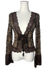 Y2K Vintage Ann Ferriday Chocolate Brown Floral Lace Tie Front Cardigan Top Photo 0