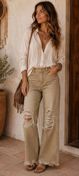 Boho S Jeans Flare Distressed Tan High Rise Raw Hem Shredded Knee Streetwear Photo 0