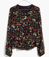 Madewell Sheer-Sleeve Ruffle Peplum Top Blouse in Black Finch Floral‎ Size Large Photo 0