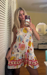 White Sundress with Colorful Sun & Seashell Print Photo 0