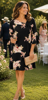 WHBM Black Floral Shift Dress XL Pink Rose Print 3/4 Sleeve Career Church Photo 0