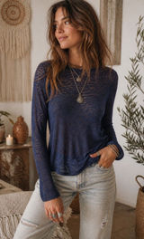 Free People Intimately Navy Semi Sheer Long Sleeve Top Size Large Boho Layering Photo 0