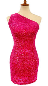 Hot Pink Sequin One Shoulder Mini Dress Barbiecore Y2K Party Hoco, Size S Photo 0