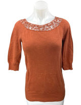 Rubbish Orange Knit Crochet Lace Half Sleeve Crew Neck Blouse Sweater Top Size M Photo 0