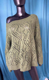 Shein Olive Green Pointelle Knit Off Shoulder Sweater Boho Diamond Weave 3XL Photo 0