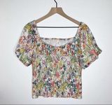 Anthropologie Aurelia Smocked Top Floral Cream Size M Balloon Sleeve Ruching Photo 0