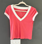 Pilcro Womens Coral Pink Ribbed V-Neck Ringer Tee Short Sleeve Top Small Photo 0