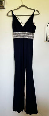 Xscape Navy Blue‎ Rhinestone V Neck Leg Slit Long Maxi Dress Formal Gown Size 4 Photo 0