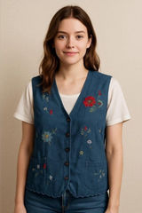 Vintage embroidered floral denim vest with attached shirt cottagecore grandma Photo 0