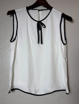 Zara Women White Blouse Black Contrast Trim Tie Neck Sleeveless Size S Photo 0