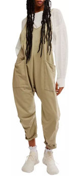 Free People Movement Hot Shot Jumpsuit Romper Sage Stone Size L Wide Leg Pockets Photo 0