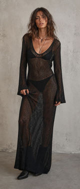 Black Open Knit Crochet Maxi Dress Size XS/S Bell Sleeve Sheer Goth Boho Witchy Photo 0