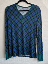 Little Sleepies Bamboo‎ Women’s Navy Green Tartan Plaid Pajama Top Size Small Photo 0