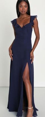 Lulus Sweetest Entrance Navy Blue Ruffled Tie-Back Maxi Dress Size Medium NWT Photo 0