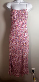 Petal + Pup Womens Floral Midi Dress Pink Purple Ruched‎ Open Tie Back Slit Sz 4 Photo 0