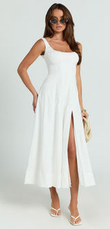 New Showpo Kristi Midi Dress Scoop Neck Fit And Flare Dress In Off White Size M Photo 0