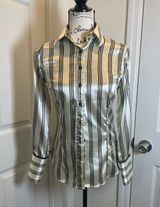 ZARA Satin Office Blouse STRECH Size Small Cream Black Lines Preppy Chic Photo 0