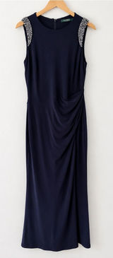Lauren Ralph Lauren Navy Embellished Ruched Maxi Dress Sleeveless Gown 10 Photo 0