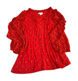Maeve Anthropologie Red Geometric Print Ruffle Tie Neck Balloon‎ Sleeve Blouse L Photo 0