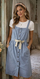 Anthropologie Allihop Sz L Apron Front Dress‎ Picnic Knee Length Blue Button Up Photo 0