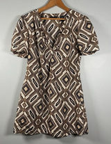 Geometric Print‎ Dress Short Sleeve V Neck Brown Black White Mini Retro Preppy Photo 0