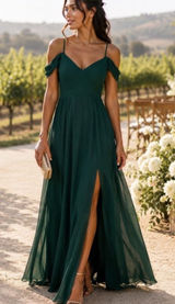 Birdy Grey dress Devin Chiffon Gown Emerald Green Cold Shoulder Maxi xxl NEW Photo 0
