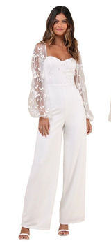 Lulus Darling Charisma White Mesh Embroidered Jumpsuit 9J2773 XS Wedding Bridal Photo 0