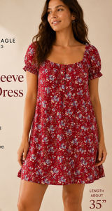 NWT American Eagle Red Floral Puff Sleeve Shift Mini Dress XL Photo 0