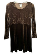 VTG Dress Brown Velvet Burnout Sz 12 Rose Print‎ A-Line Y2K 90s Long Sleeve 1590 Photo 0