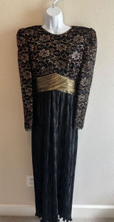Ricki Lang‎ for Steven Stoll Gown Size 12 Black Gold Metallic Lace Pleated Maxi Photo 0