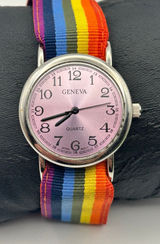 Geneva Silver Multicolored Cloth Band Women’s Watch Working New Battery Photo 0